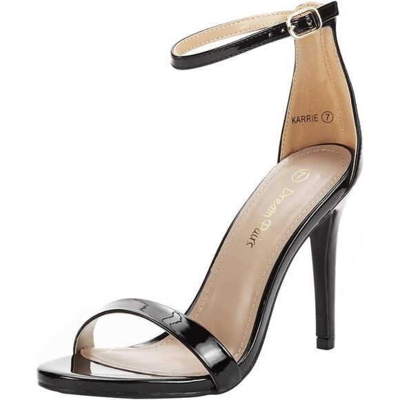 Women's Black-Pat Flower Ankle Strap Stiletto Round Open Toe Stylish Heel Shoe